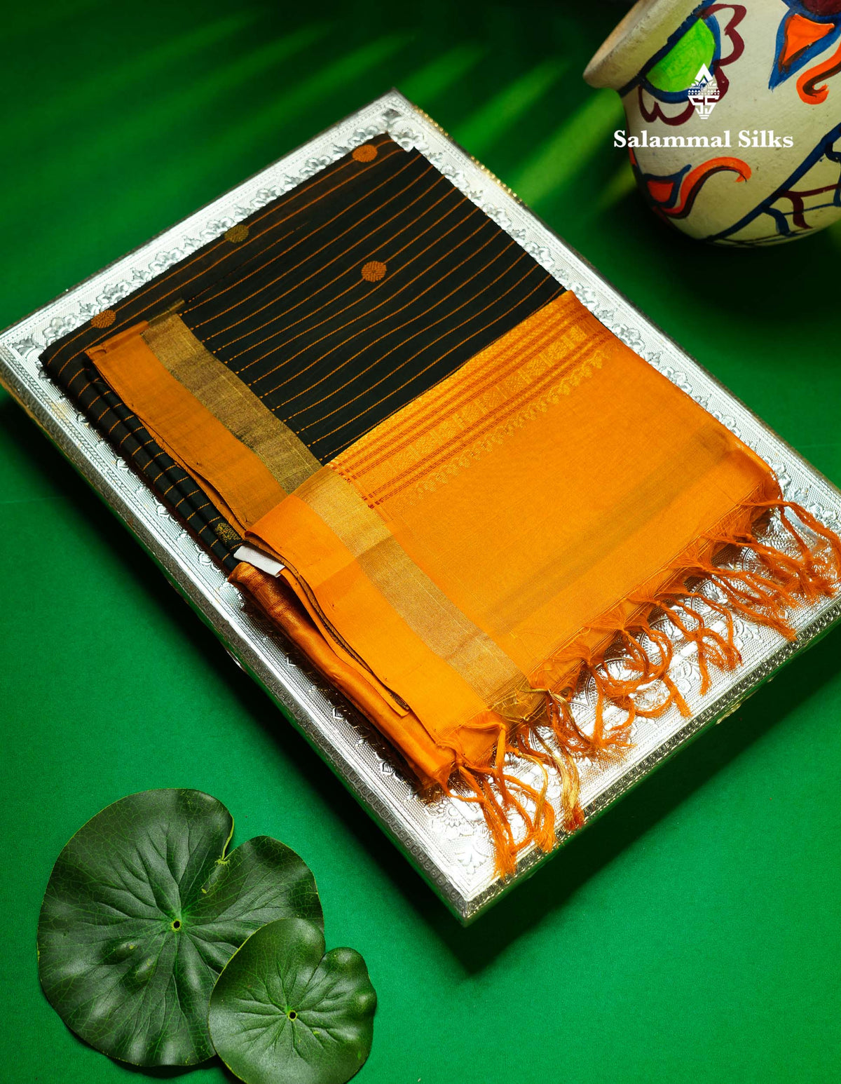 Beautiful Dark Bottle Green Thread Lines & Butta Pure Silk Cotton Saree With Contrast Mustard Yellow Blouse