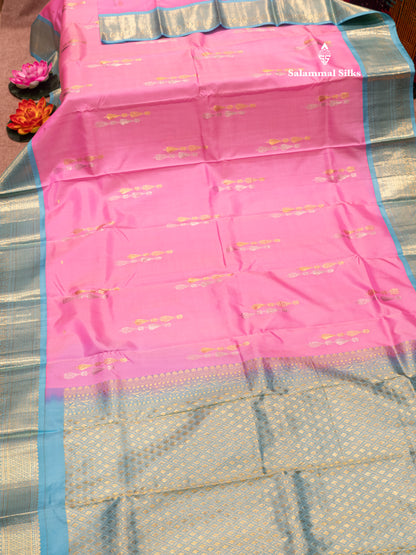 Kanjivaram Beautiful Baby Pink Silver And Gold Zari Buttas Pure Silk Saree With Light Anandha Blue Border