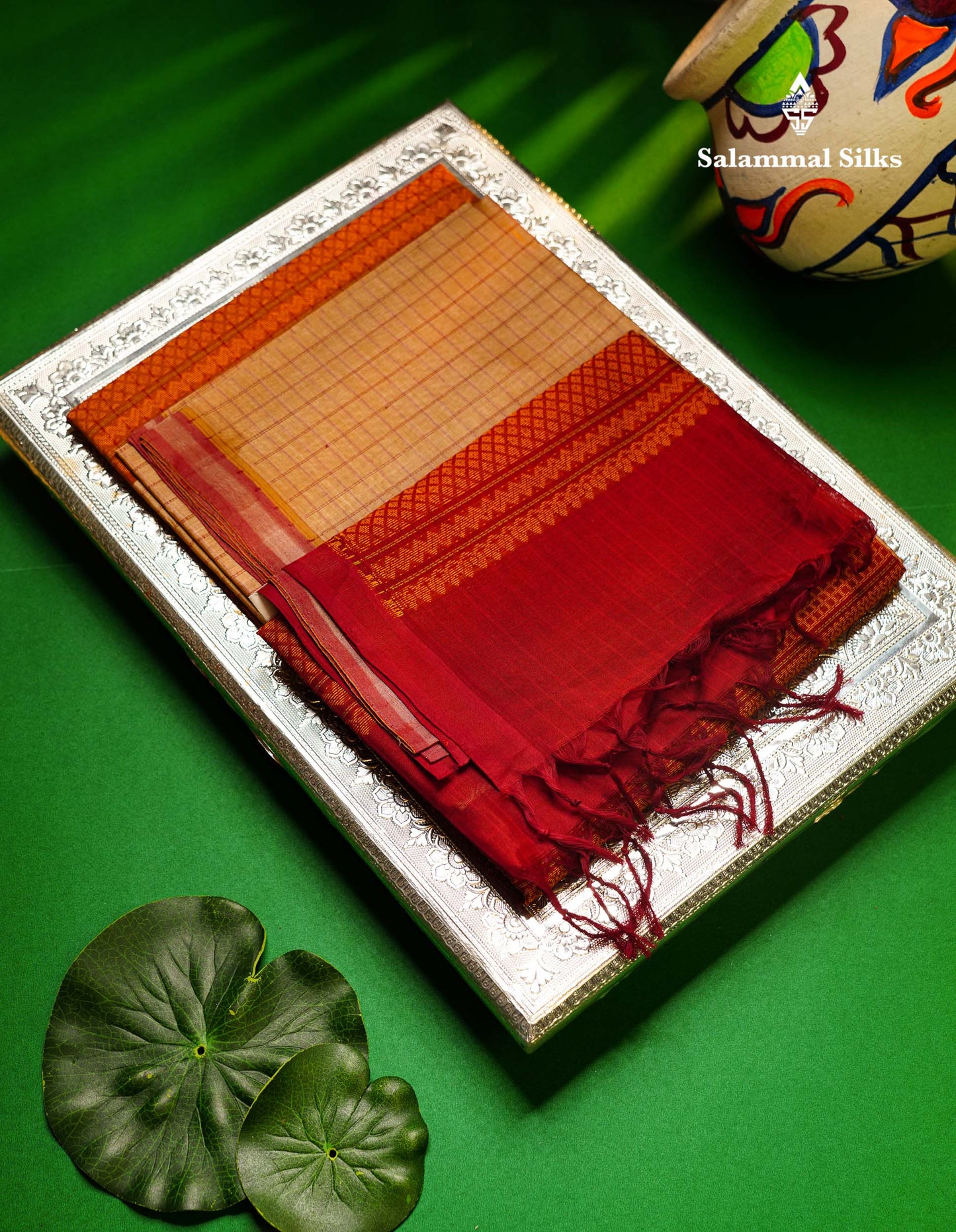 Beautiful Sandal Small Checks Pure Silk Cotton Saree With Contrast Maroon Blouse