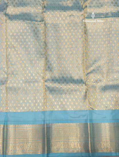 Kanjivaram Beautiful Baby Pink Silver And Gold Zari Buttas Pure Silk Saree With Light Anandha Blue Border