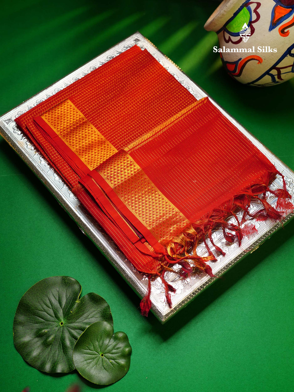 Beautiful Dual Tone Red Small Zari Checks Pure Silk Cotton Saree With Traditional Border