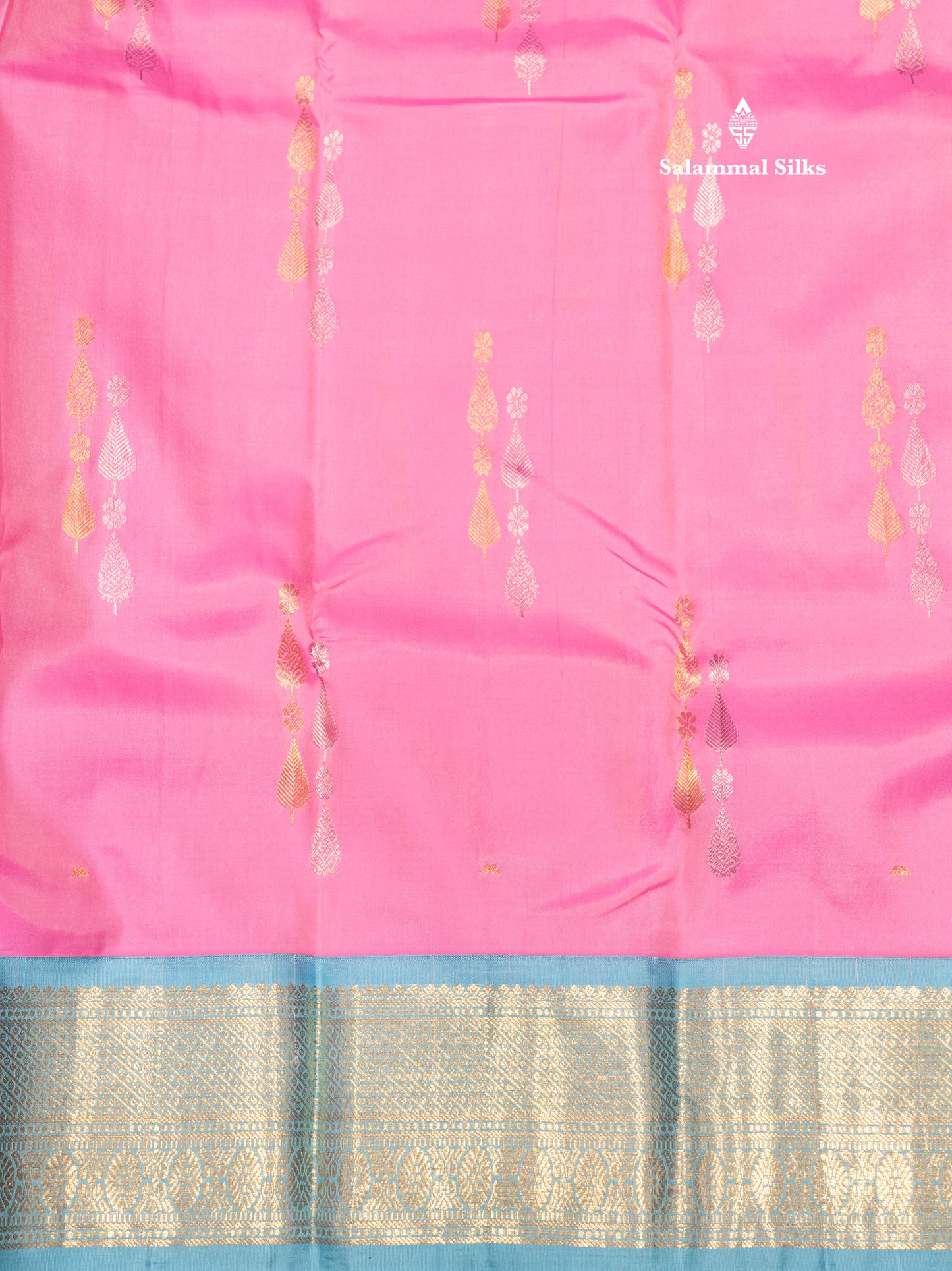Kanjivaram Beautiful Baby Pink Silver And Gold Zari Buttas Pure Silk Saree With Light Anandha Blue Border