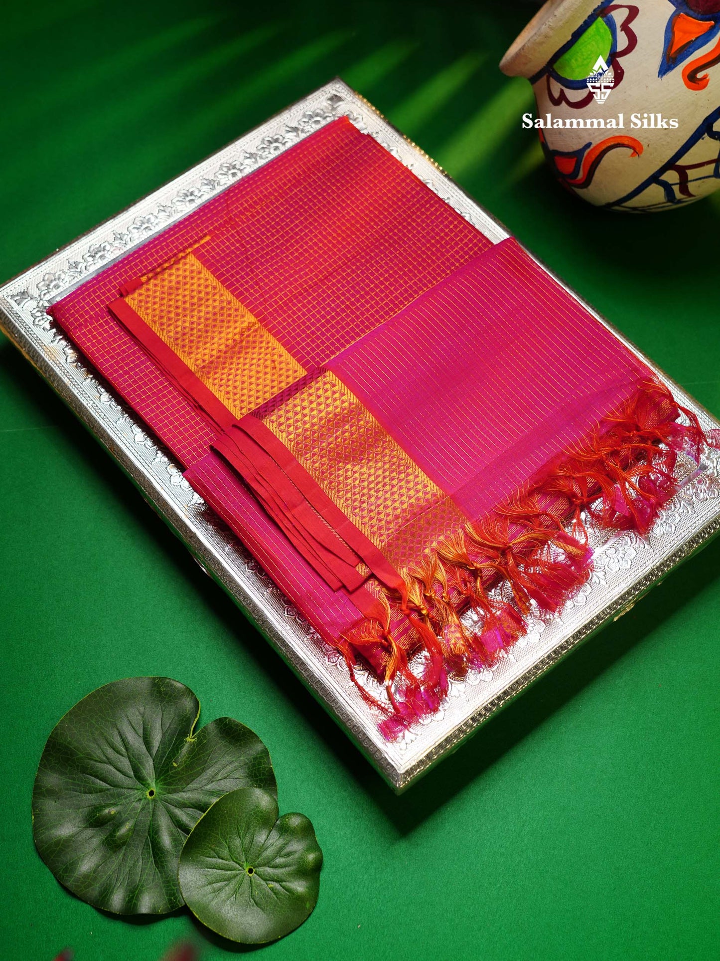 Beautiful Dual Tone Red Small Zari Checks Pure Silk Cotton Saree With Traditional Border