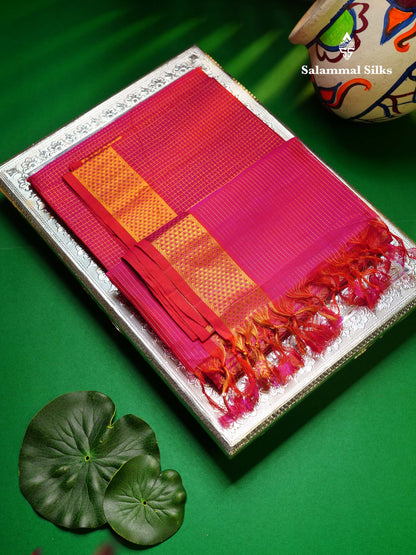Beautiful Dual Tone Red Small Zari Checks Pure Silk Cotton Saree With Traditional Border