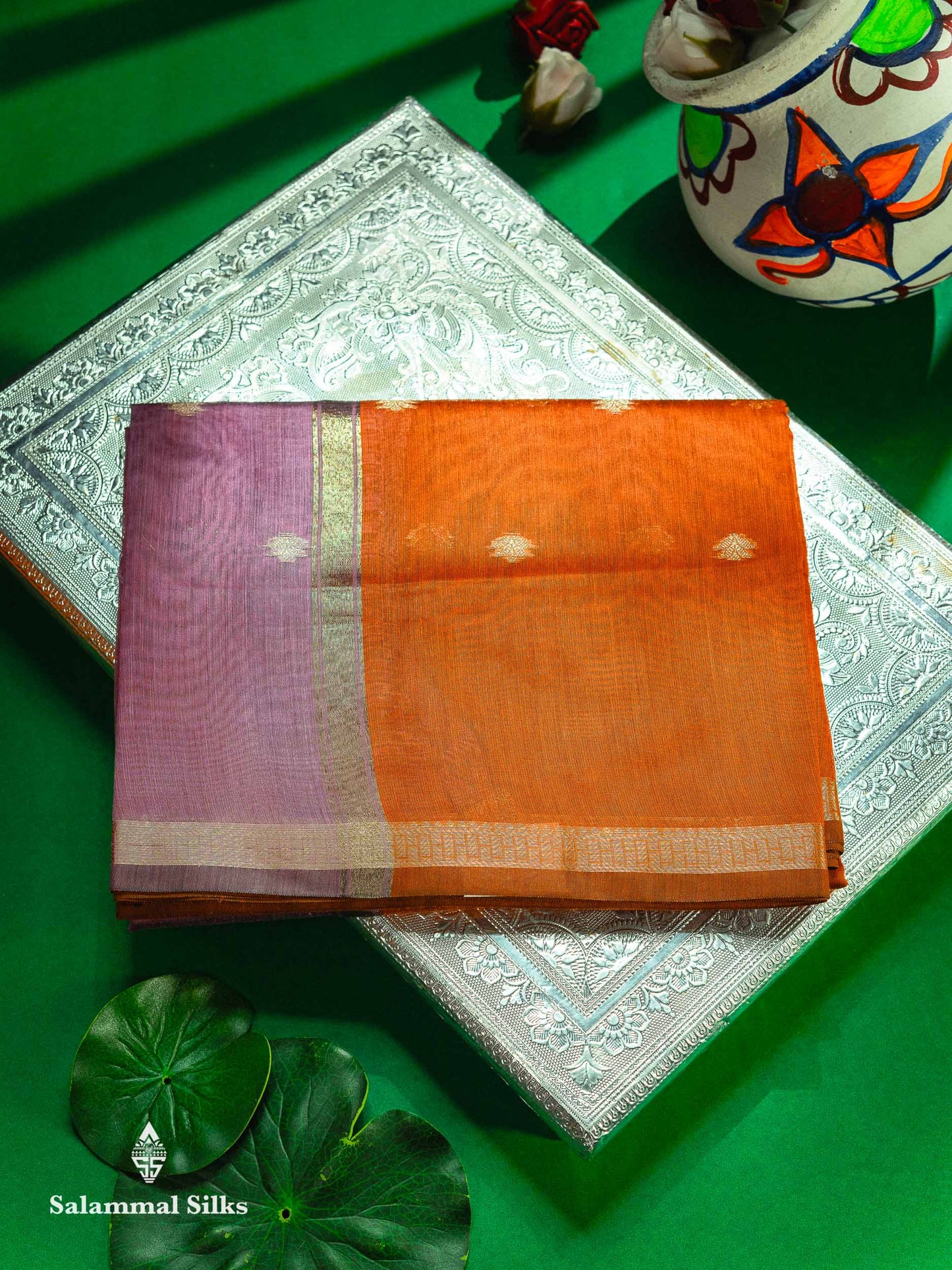 Beautiful Light Chocolate Maheshwar Cotton Saree With Contrast Light Lavender Blouse