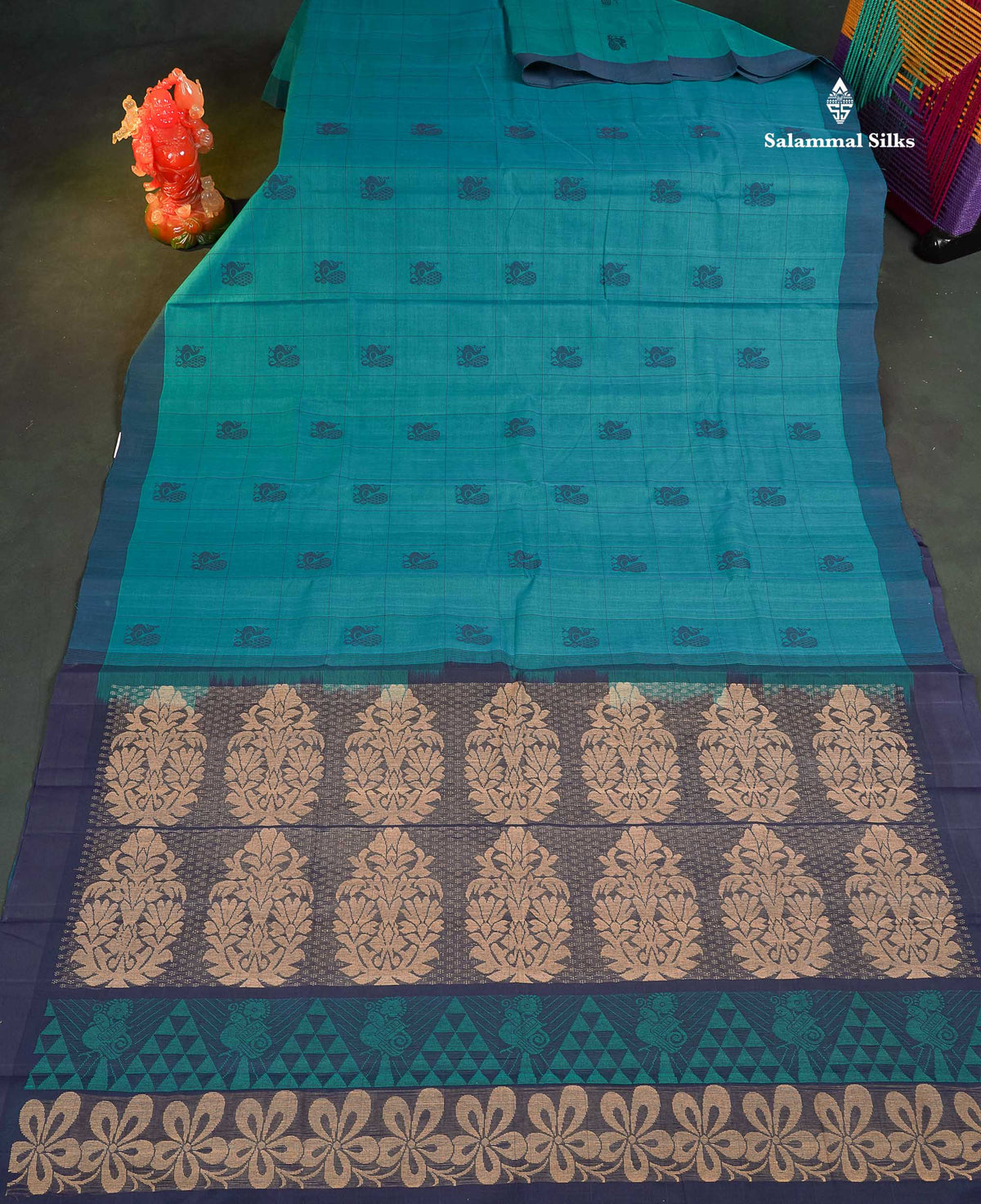 Handloom Pure Cotton Saree -  Teal Blue Colour Body With Contrast Navy Blue Blouse 