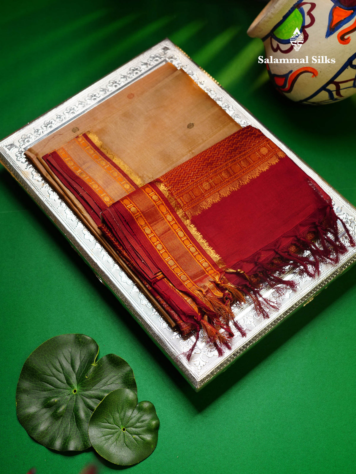 Beautiful Sandal Thread Butta Pure Silk Cotton Saree With Contrast Maroon Traditional Border