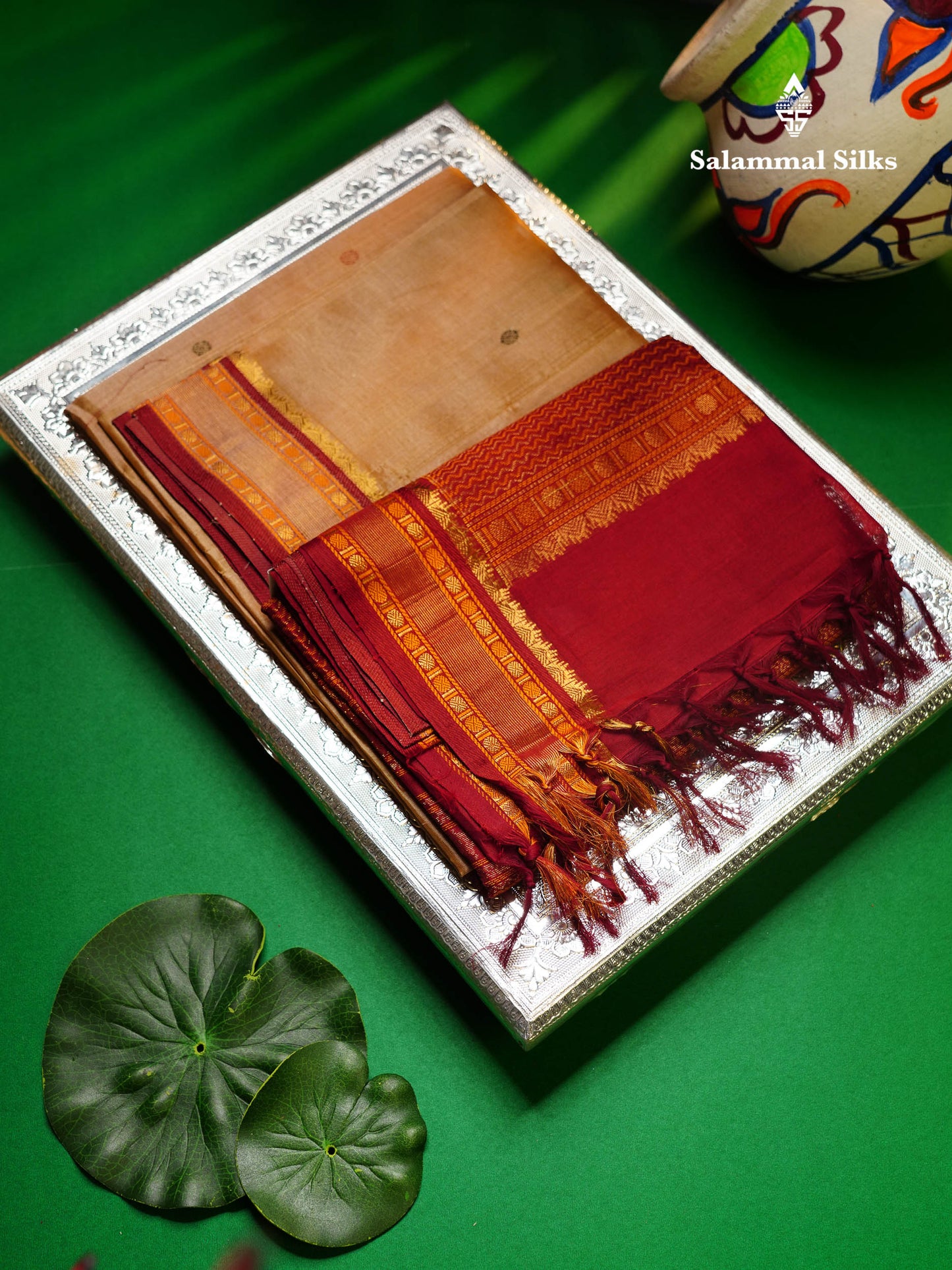 Beautiful Sandal Thread Butta Pure Silk Cotton Saree With Contrast Maroon Traditional Border