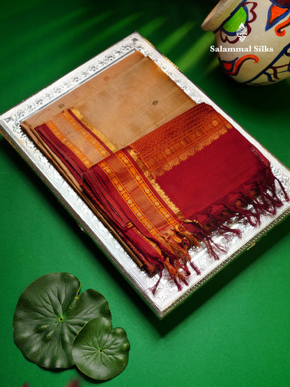 Beautiful Sandal Thread Butta Pure Silk Cotton Saree With Contrast Maroon Traditional Border
