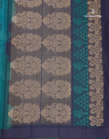 Handloom Pure Cotton Saree -  Dark Navy Blue Colour Body With Contrast Parrot Green Blouse