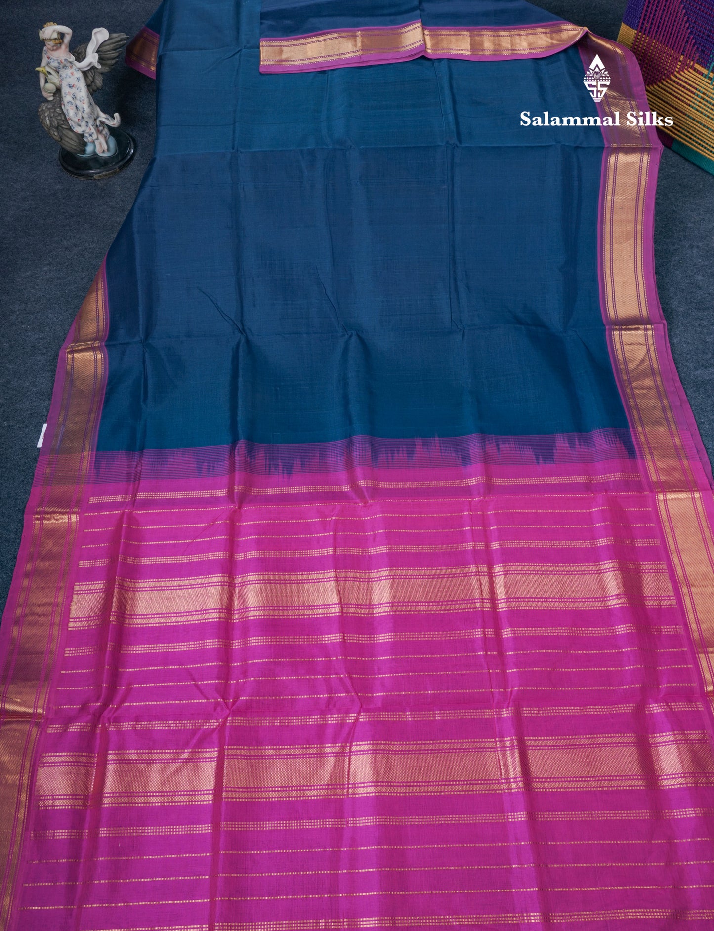Peacock Blue Plain Pure Silk Cotton Saree With Contrast Magenta Pink Blouse