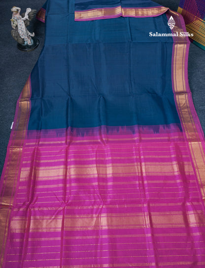Peacock Blue Plain Pure Silk Cotton Saree With Contrast Magenta Pink Blouse