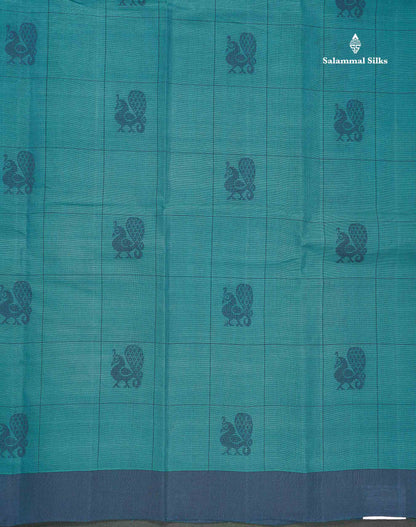 Handloom Pure Cotton Saree -  Dark Navy Blue Colour Body With Contrast Parrot Green Blouse