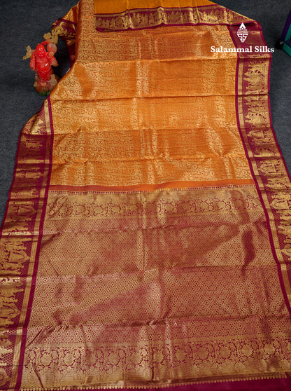 Beautiful Rust Orange Bridal Pure Kanjivaram Silk Saree With Contrast Dark Maroon Traditional Pallaku Border