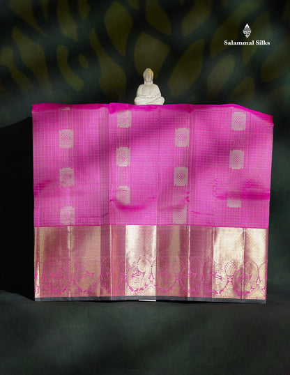 Pure Silk Pattu Pavadai - Light Pink Checks With Butta & Bottle Green Blouse | 9+ Years 
