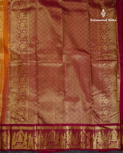 Beautiful Rust Orange Bridal Pure Kanjivaram Silk Saree With Contrast Dark Maroon Traditional Pallaku Border
