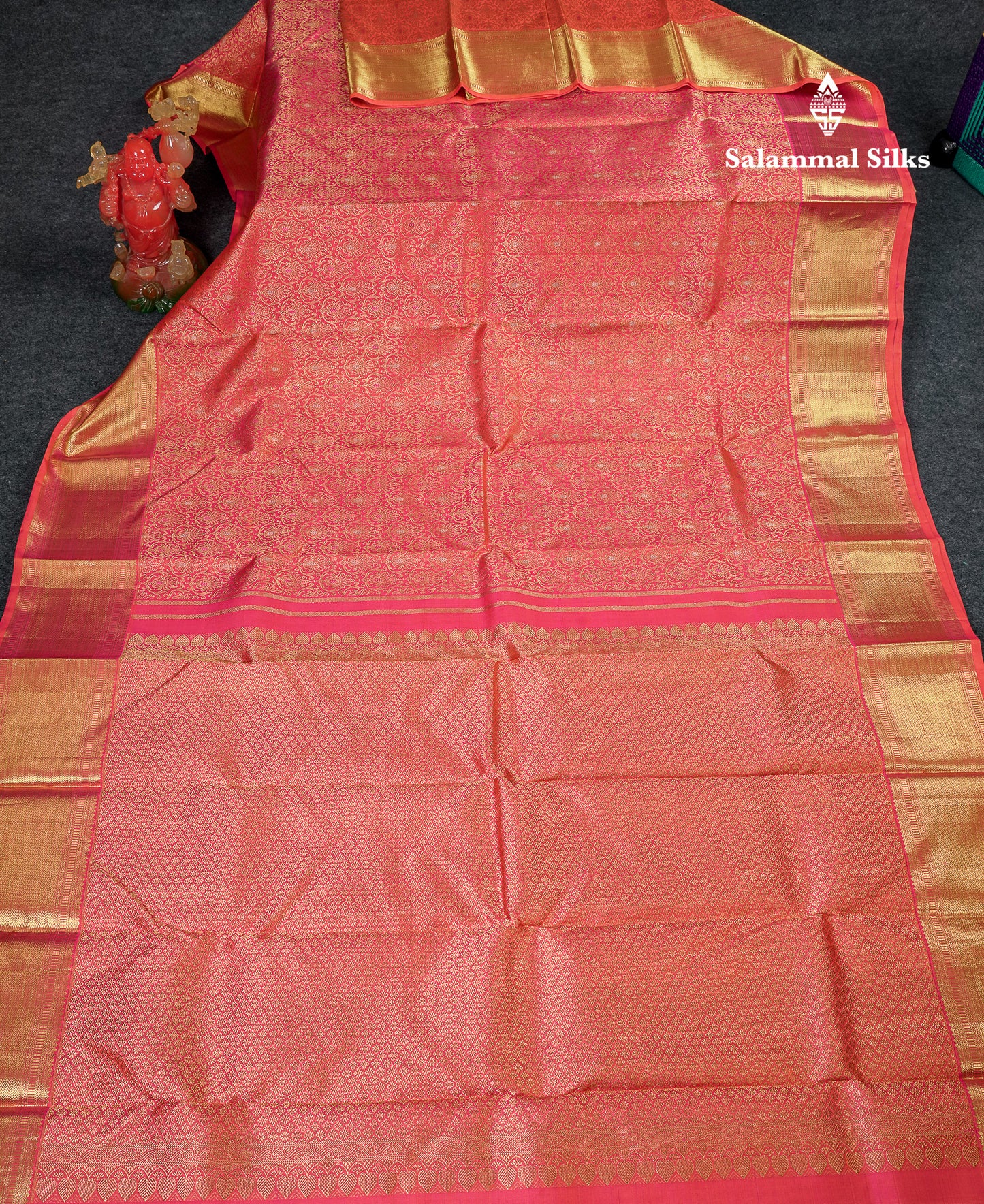 Beautiful Dual Tone Pinkish Orange Menakari Work Bridal Pure Kanjivaram Silk Saree With Traditional Border