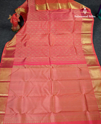 Beautiful Dual Tone Pinkish Orange Menakari Work Bridal Pure Kanjivaram Silk Saree With Traditional Border