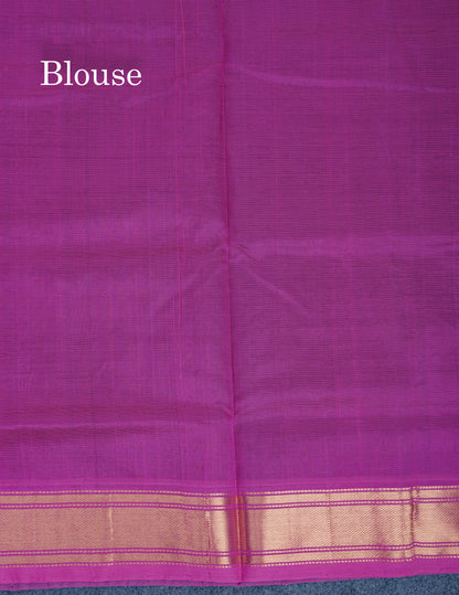 Peacock Blue Plain Pure Silk Cotton Saree With Contrast Magenta Pink Blouse
