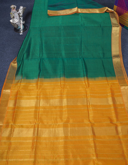 Bottle Green Plain Pure Silk Cotton Saree With Contrast Mustard Yellow Blouse