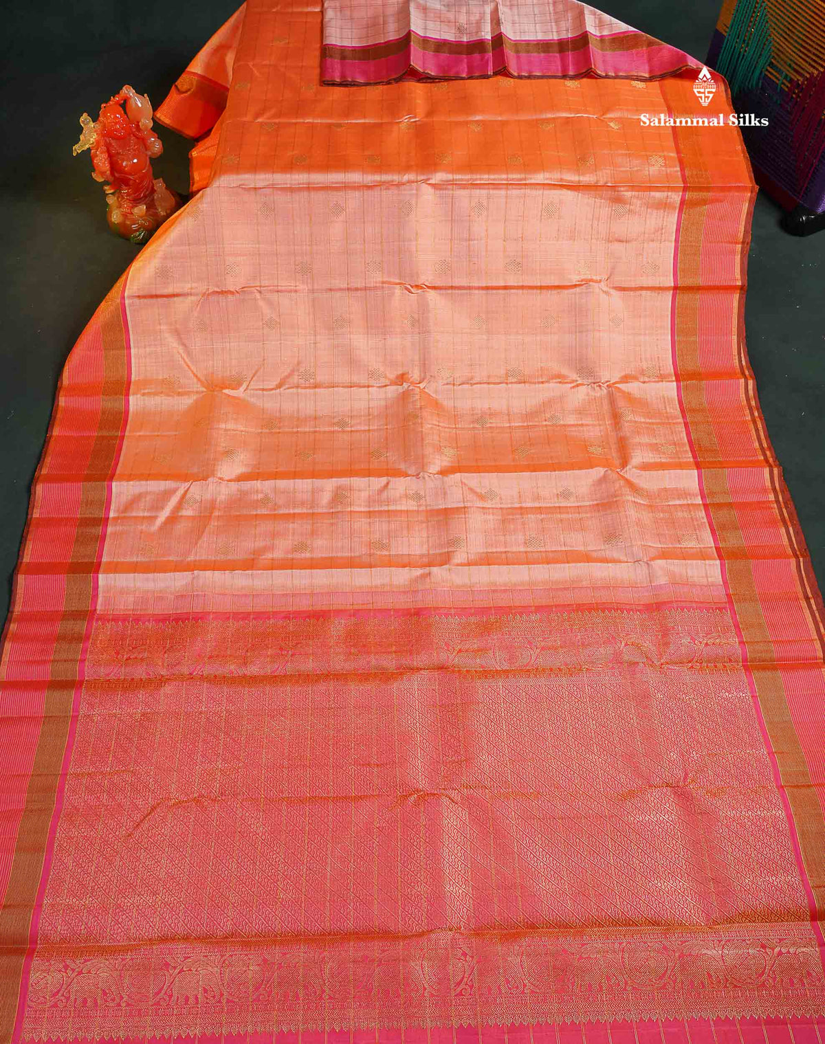 Pure Kanjivaram Silk Saree - Peach Colour Body Checked & Kolam Butta With Contrast Pink Border