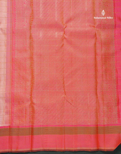 Pure Kanjivaram Silk Saree - Peach Colour Body Checked & Kolam Butta With Contrast Pink Border