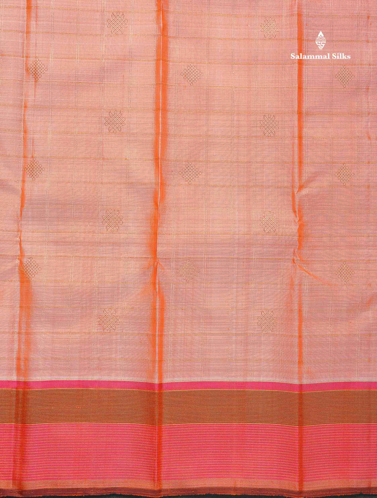 Pure Kanjivaram Silk Saree - Peach Colour Body Checked & Kolam Butta With Contrast Pink Border