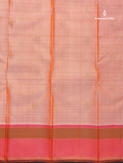 Pure Kanjivaram Silk Saree - Peach Colour Body Checked & Kolam Butta With Contrast Pink Border