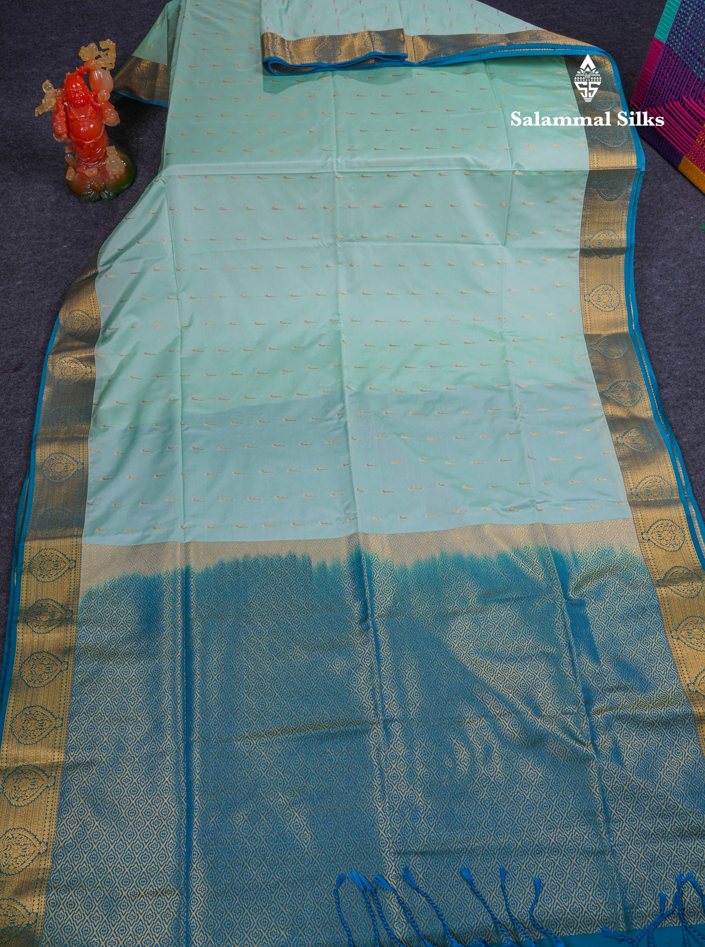 Beautiful Light Rexona Green Semi Soft Silk Saree With Contrast Peacock Blue Border