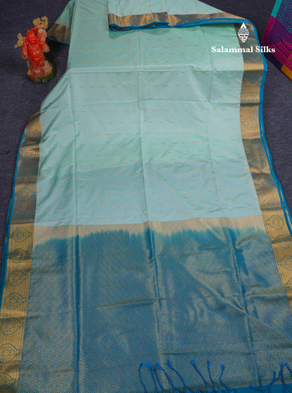 Beautiful Light Rexona Green Semi Soft Silk Saree With Contrast Peacock Blue Border