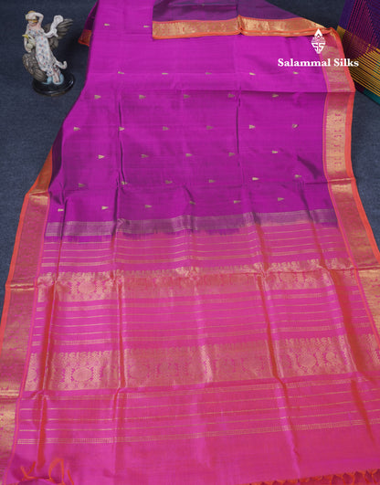 Dark Purple Pure Silk Cotton Saree With Contrast Pinkish Orange Blouse