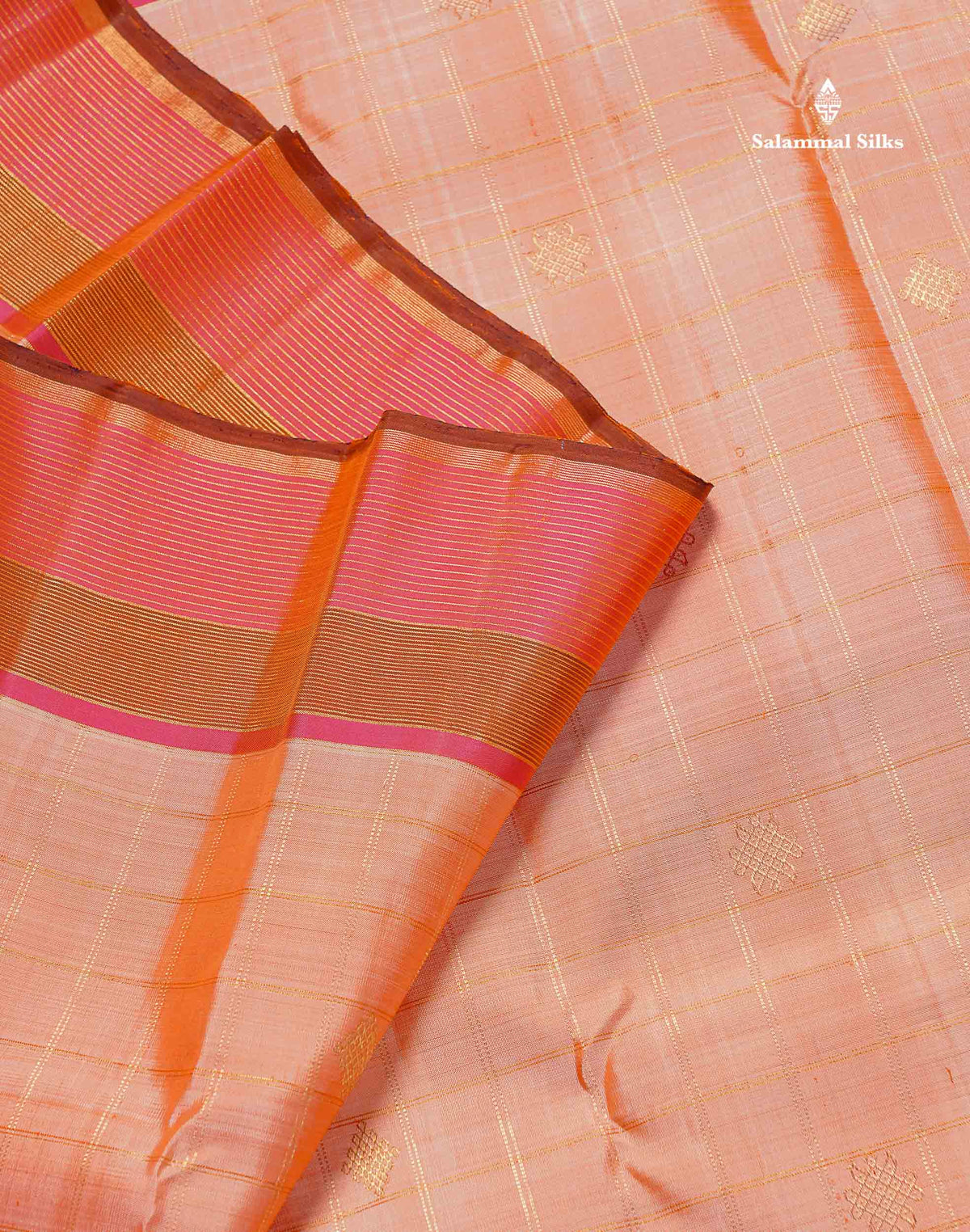Pure Kanjivaram Silk Saree - Peach Colour Body Checked & Kolam Butta With Contrast Pink Border
