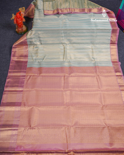 Beautiful Light Rexona Tissue Bridal Pure Kanjivaram Silk Saree With Contrast Onion Pink Traditional Evening Morning Border