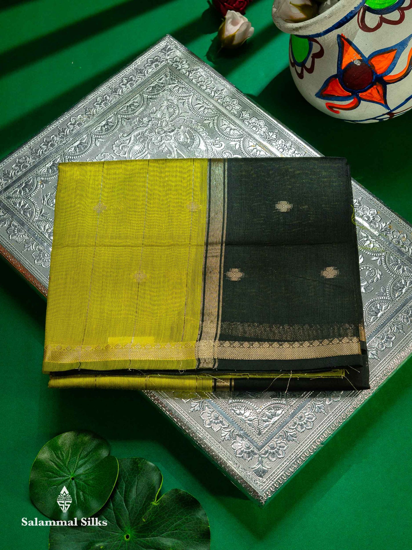 Beautiful Manthulir Green Lines With Zari Butta Maheshwar Cotton Saree With Contrast Black Blouse