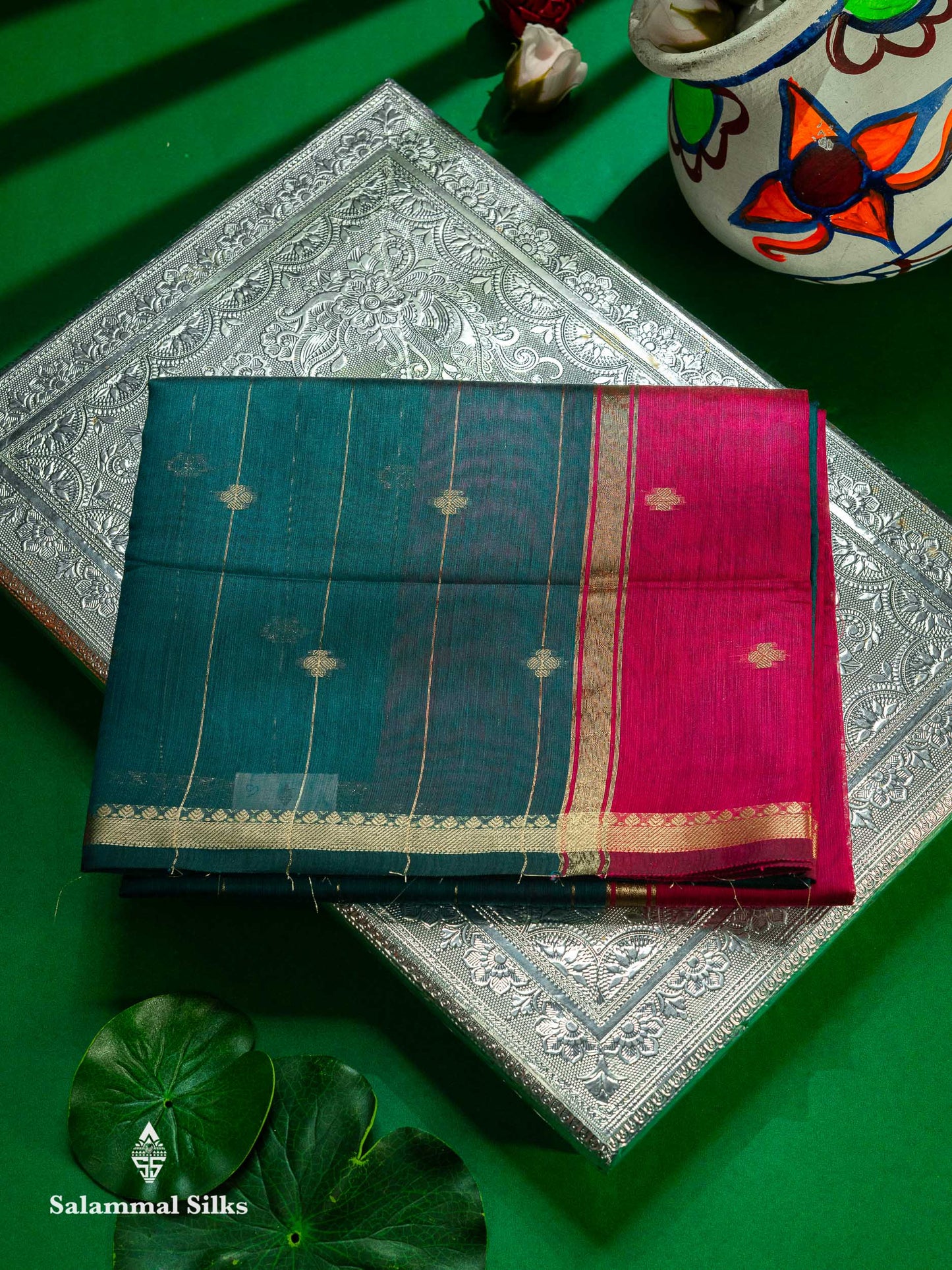Beautiful Light Grey Stripes With Butta Maheshwar Cotton Saree With Contrast Black Blouse