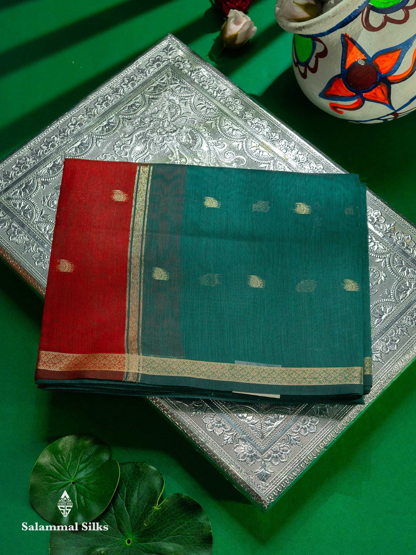 Beautiful Black Zari Butta Maheshwar Cotton Saree With Contrast Dual Tone Brown Blouse