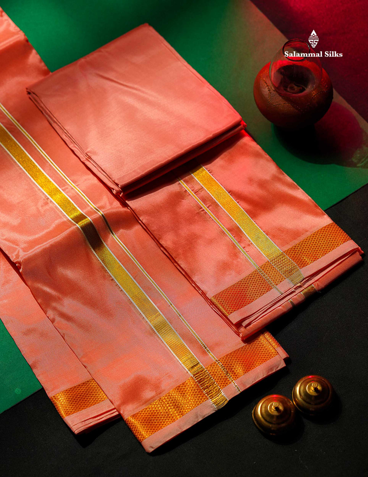 Peach Pink Semi Silk Dhoti, Angavastram & Shirt (2.50M) with Gold Zari Border