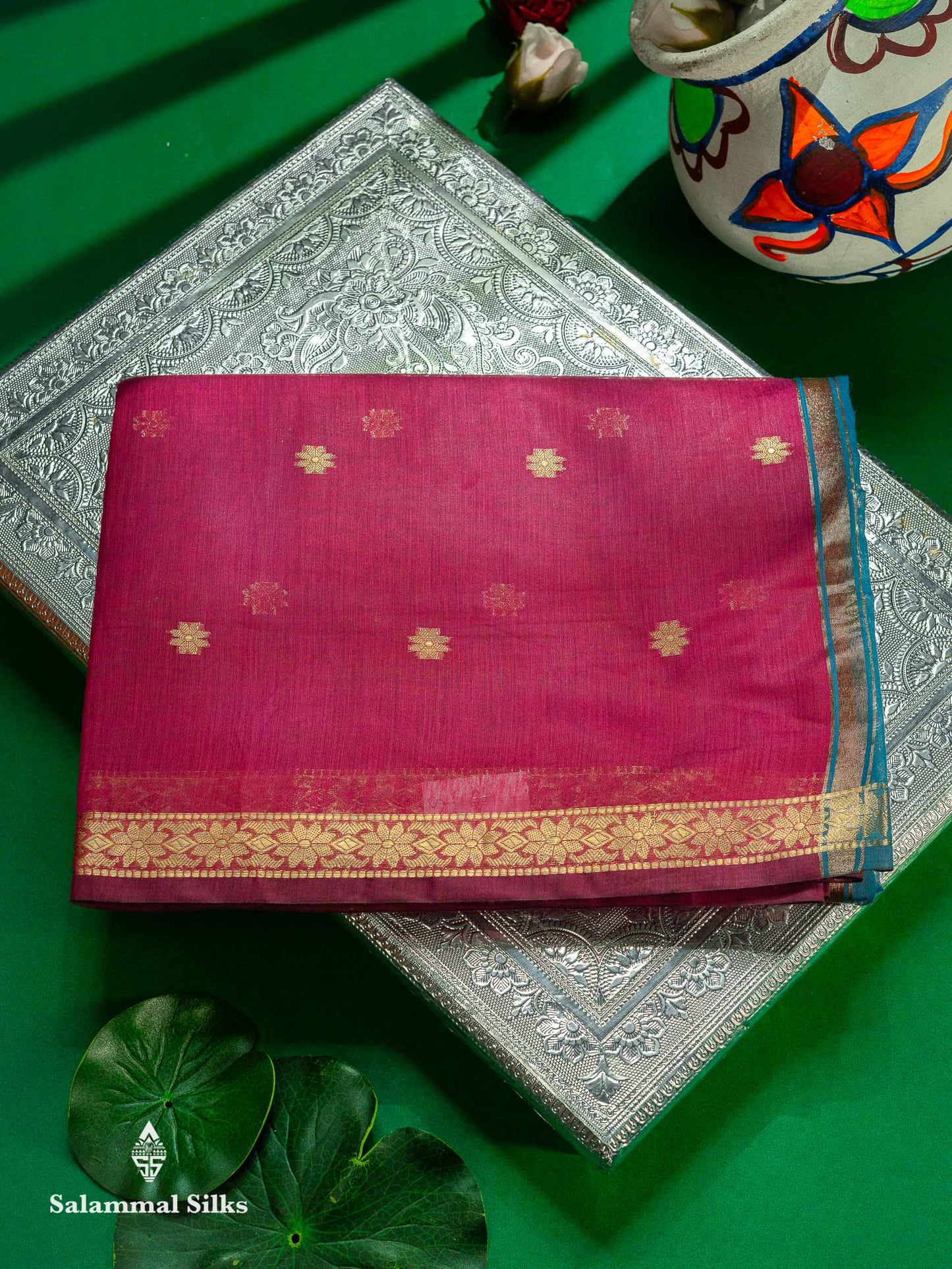 Beautiful Pink Maheshwar Cotton Saree With Contrast Blue Blouse
