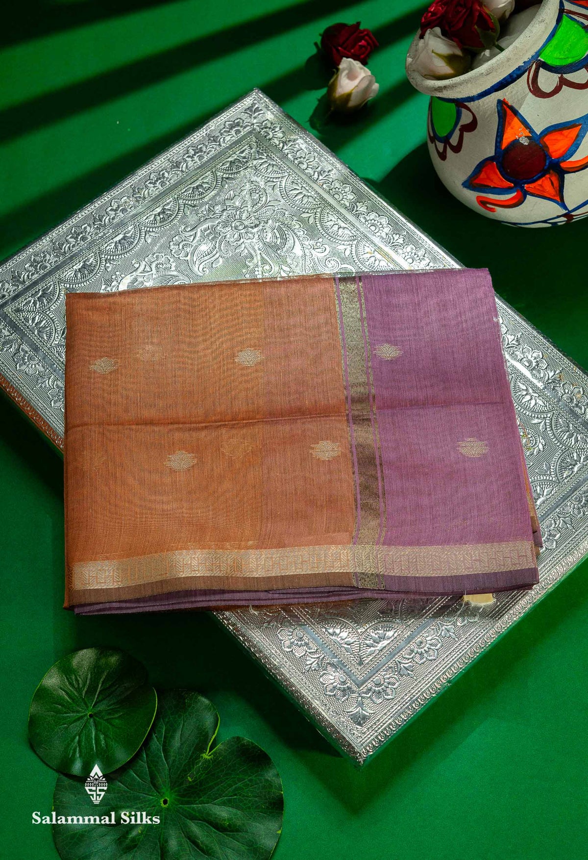 Beautiful Light Chocolate Maheshwar Cotton Saree With Contrast Light Lavender Blouse