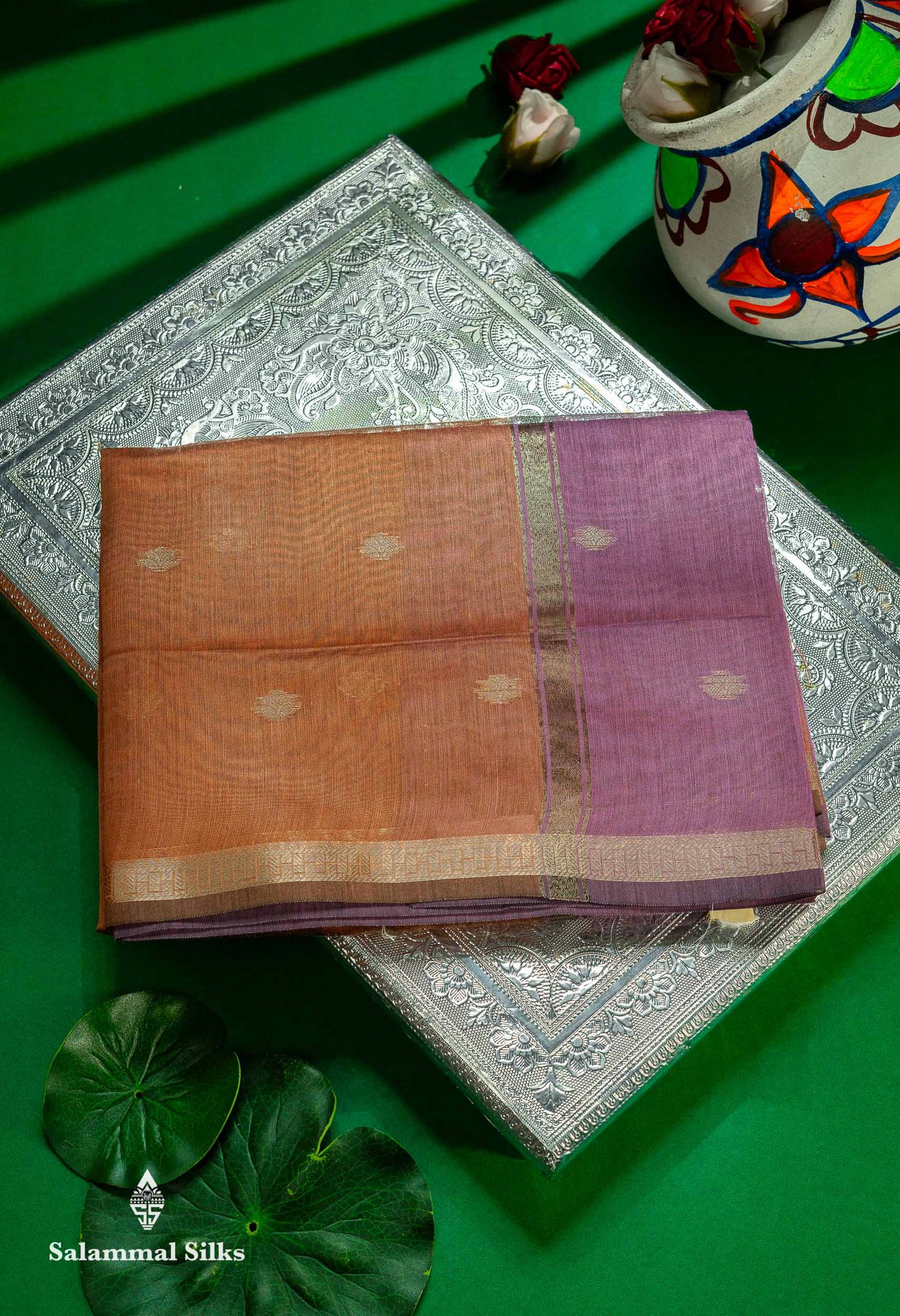 Beautiful Light Chocolate Maheshwar Cotton Saree With Contrast Light Lavender Blouse