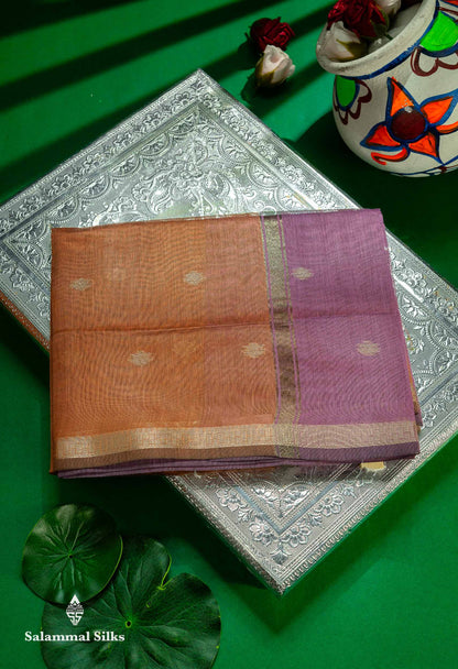 Beautiful Light Chocolate Maheshwar Cotton Saree With Contrast Light Lavender Blouse