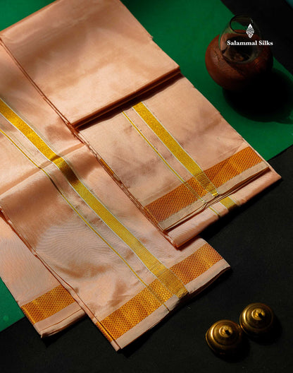 Peach Semi Silk Dhoti, Angavastram & Shirt (2.50M) with Gold Zari Border