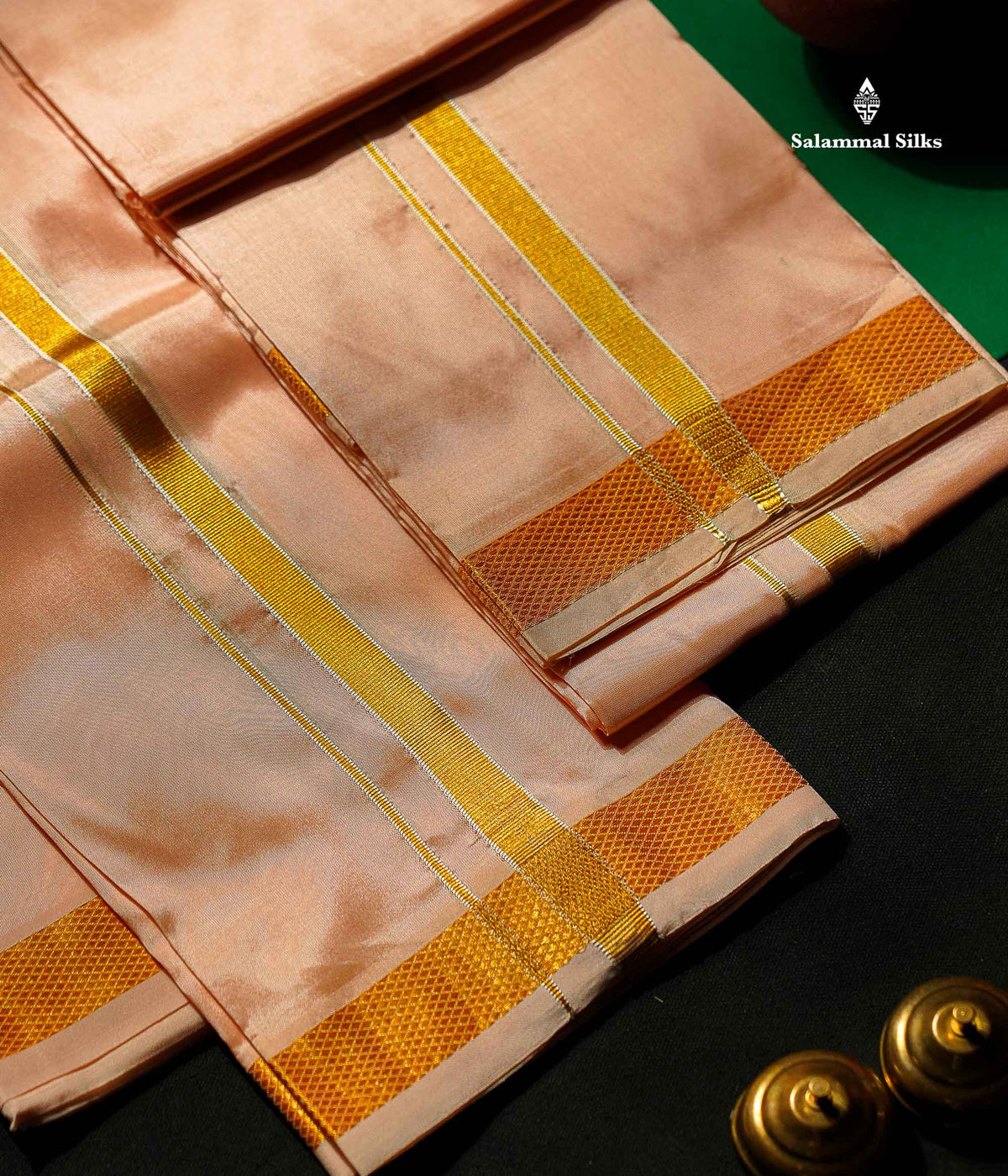 Peach Semi Silk Dhoti, Angavastram & Shirt (2.50M) with Gold Zari Border