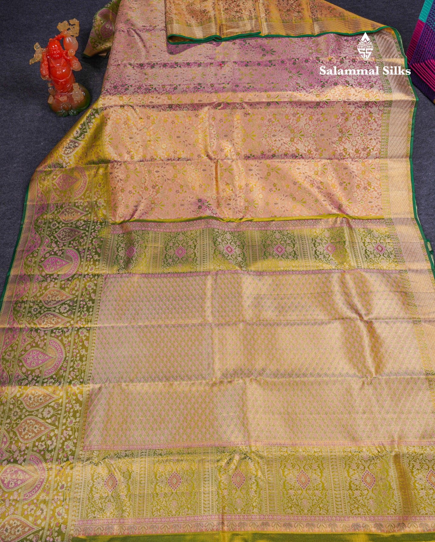 Beautiful Pink Tissue Bridal Pure Kanjivaram Silk Saree With Contrast Green Fancy Evening Morning Border