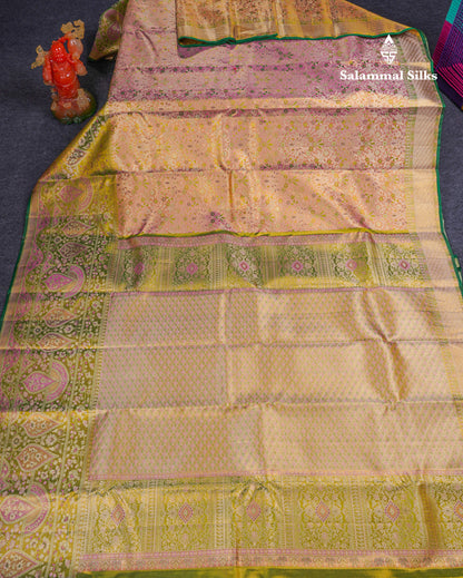 Beautiful Pink Tissue Bridal Pure Kanjivaram Silk Saree With Contrast Green Fancy Evening Morning Border