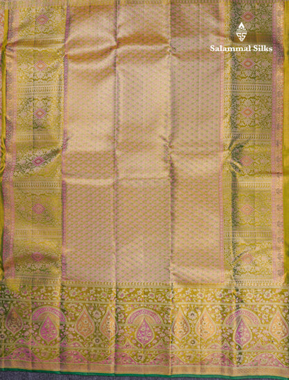 Beautiful Pink Tissue Bridal Pure Kanjivaram Silk Saree With Contrast Green Fancy Evening Morning Border