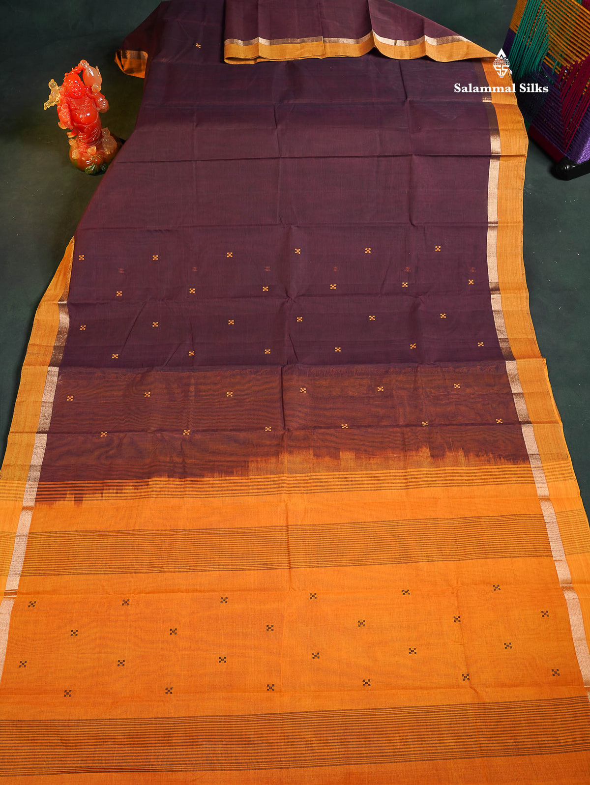 Handloom Pure Cotton Saree - Dark Brown Colour Body With Contrast Mustard Yellow Blouse 