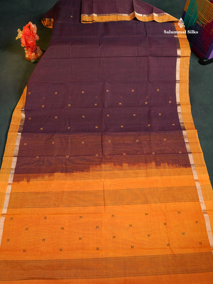 Handloom Pure Cotton Saree - Dark Brown Colour Body With Contrast Mustard Yellow Blouse 