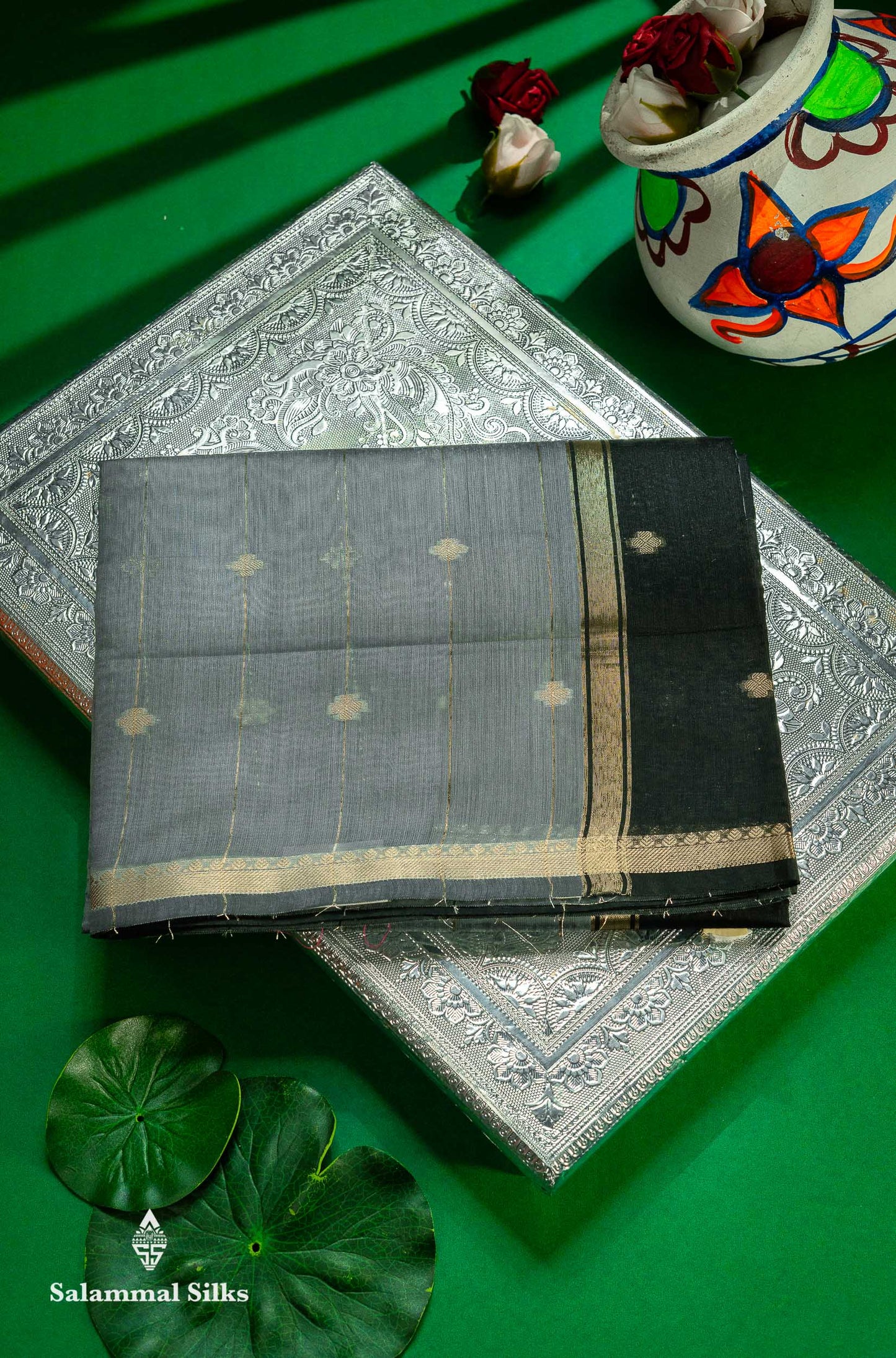 Beautiful Light Grey Stripes With Butta Maheshwar Cotton Saree With Contrast Black Blouse