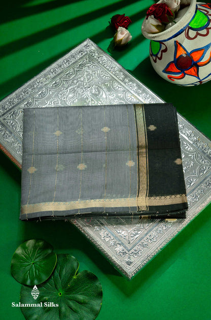 Beautiful Light Grey Stripes With Butta Maheshwar Cotton Saree With Contrast Black Blouse